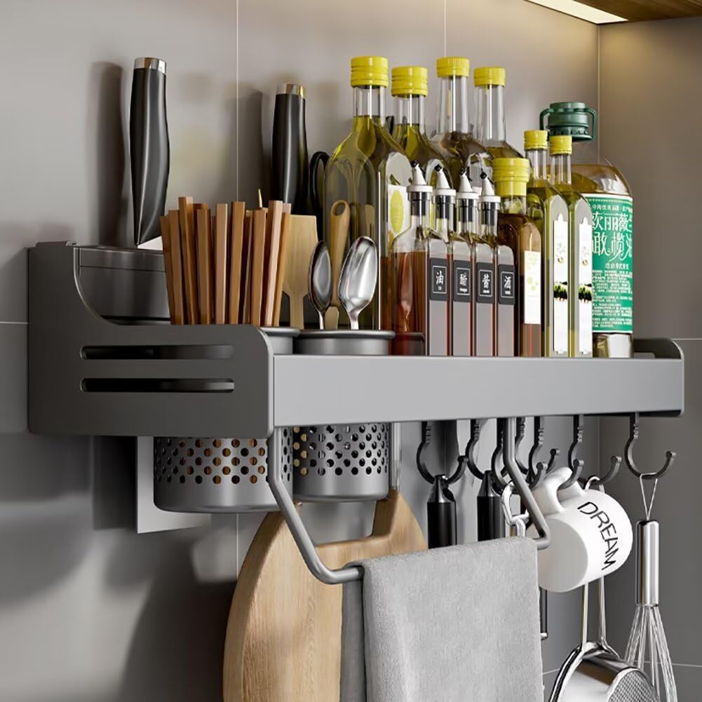 SVFOEBJM Spice Rack Wall Mounted, Kitchen Shelves Organizer for Seasoning Jars, Utensil Storage Shelf with Nail-free Adhesive and Screws