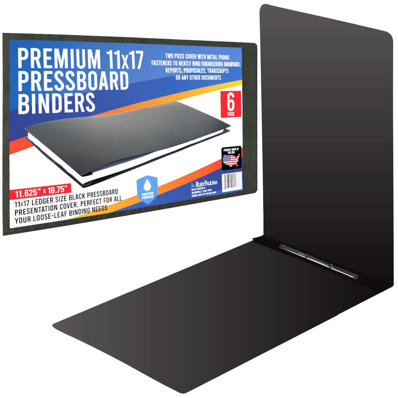 Photo 1 of Premium 11x17 Pressboard Binder with High-Density Polyethylene - 3" Capacity, Crush Finish Exterior, Made in USA, Black - Pack of 6