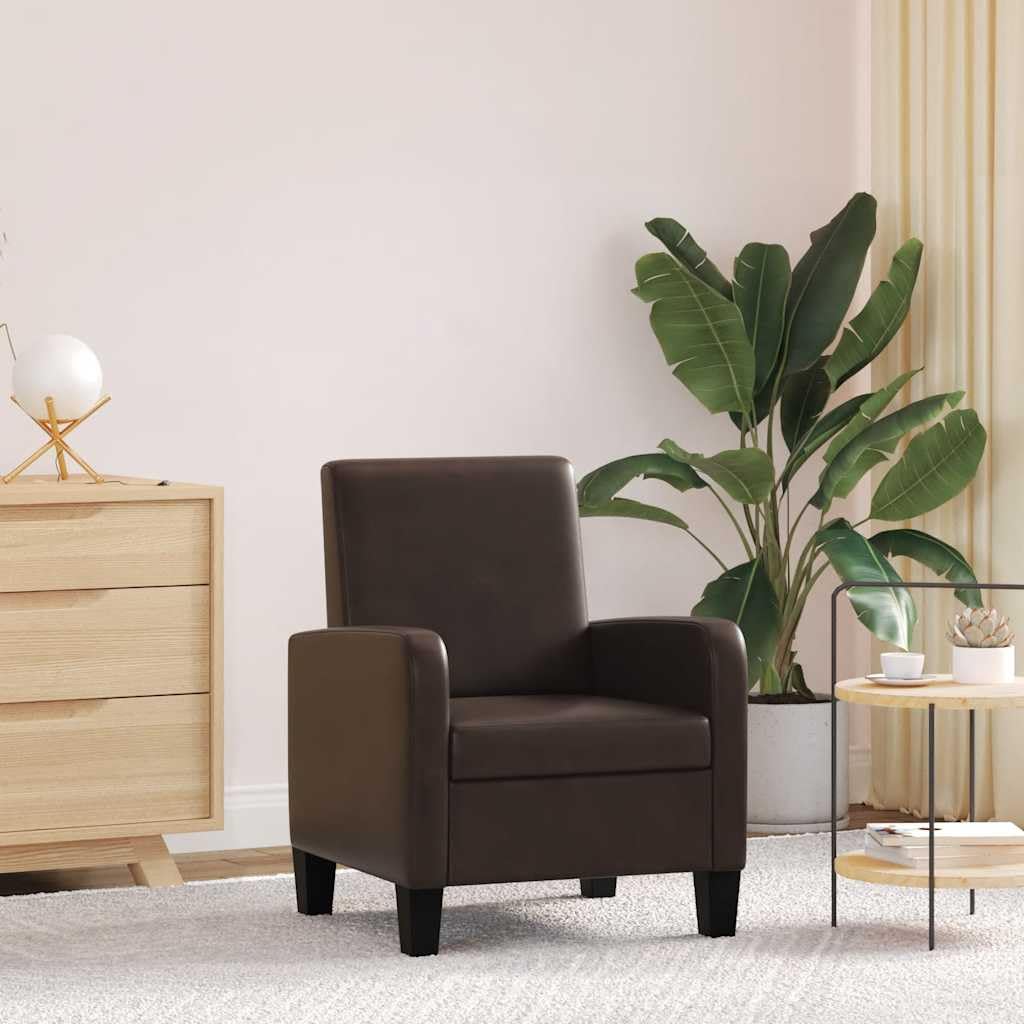 Sessel Braun Kunstleder, Ergonomischer Loungesessel mit Kiefernholz-Gestell, Moderner Polstersessel für Wohnzimmer, Lounge und Büro, Bequemer Cocktailsessel, 61 x 60 x 79,5 cm