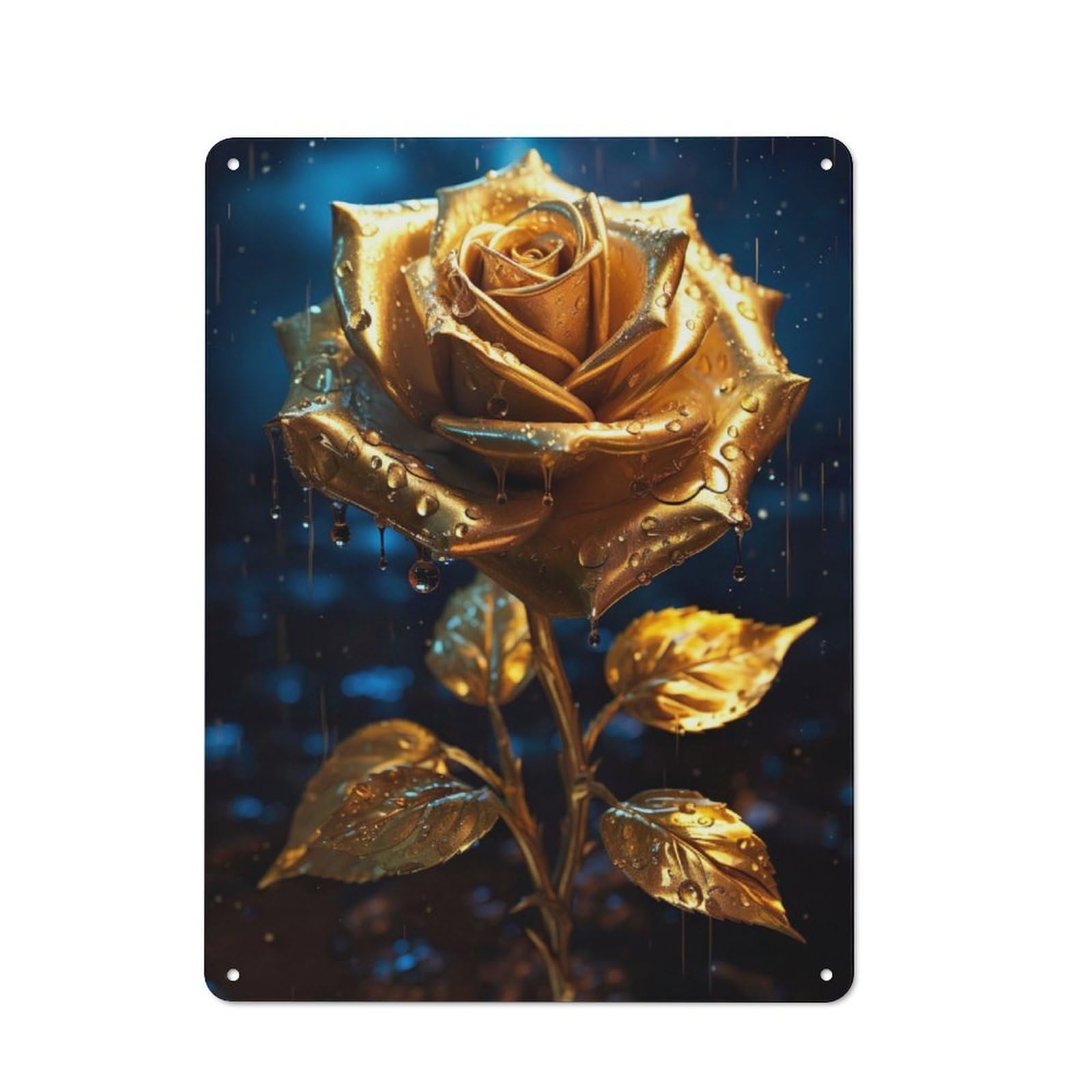 Junmoney Rainy Golden Rose Flower For Café Or Restaurant, Vintage Tin Wall Plaque 40X30cm, New Home Wall Decor For Café Owners And Decorators