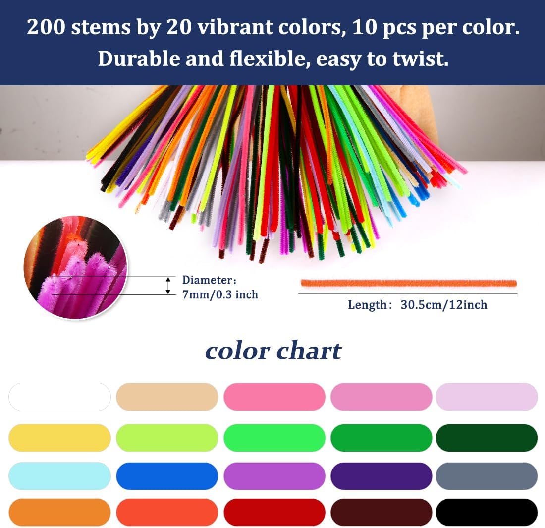 Bundooraking 1000pcs Value Pack Craft Pipe Cleaners in 20 Colors,12in Pipe Cleaner Bulk, Soft & Flexible for Arts and Crafts, DIY Projects, Decorations