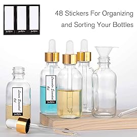 PrettyCare Glass Eye Dropper Bottle 2oz (60ml), 24 Pcs Clear Empty Thick Bottles Bulk with Leakproof Golden Caps - With Labels & Funnels for for Storage, Travel,Essential Oils, DIY Serums, Tincture