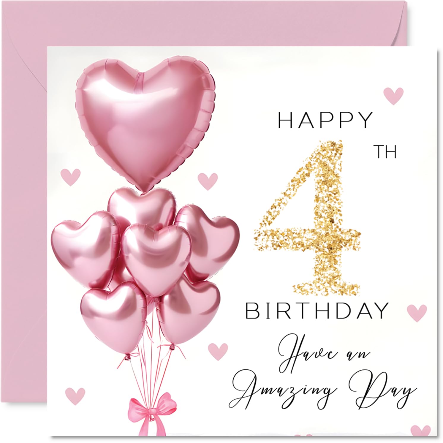 4th Birthday Cards for Girls, Pink Glitter Balloons