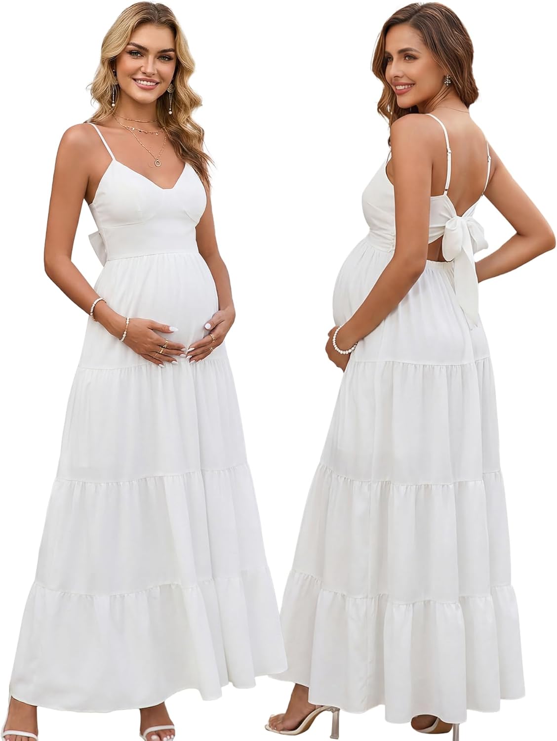 HTZMO Maternity Floral Summer Maxi Dress Bow Tie V Neck Baby Shower Photoshoot Casual Boho Long Sundress for Women