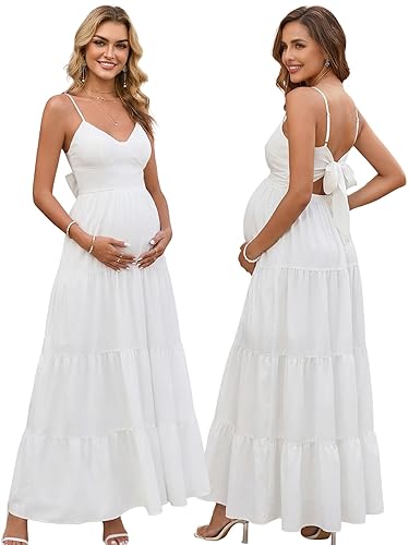 HTZMO Maternity Floral Summer Maxi Dress Bow Tie V Neck