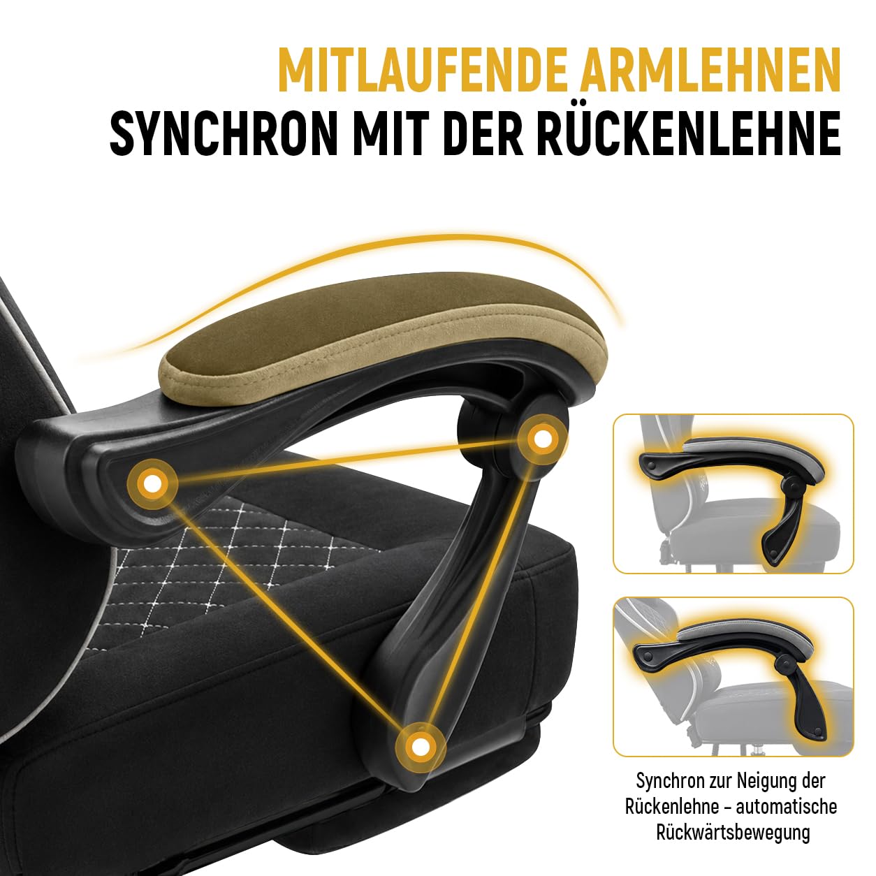 Gaming Stuhl Gamer Sessel - Tech-Stoff, hochdichter Schaum, Taschenfederung, 150 kg, mitlaufende Armlehnen, verstellbare Rückenlehne (90-135°), Fußstütze, Schwarz