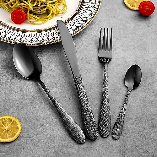 Image of Hammered Matte Black Silverware Set | 5-Piece Premium Stainless Steel Flatware Set | Dishwasher Safe Cutlery Set for Home, Restaurant & Gifting