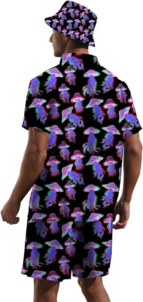Mens 2 Piece Tracksuit Hawaiian Button Down Shirt and Compression Liner Shorts Sets with Bucket Hats - Image 6