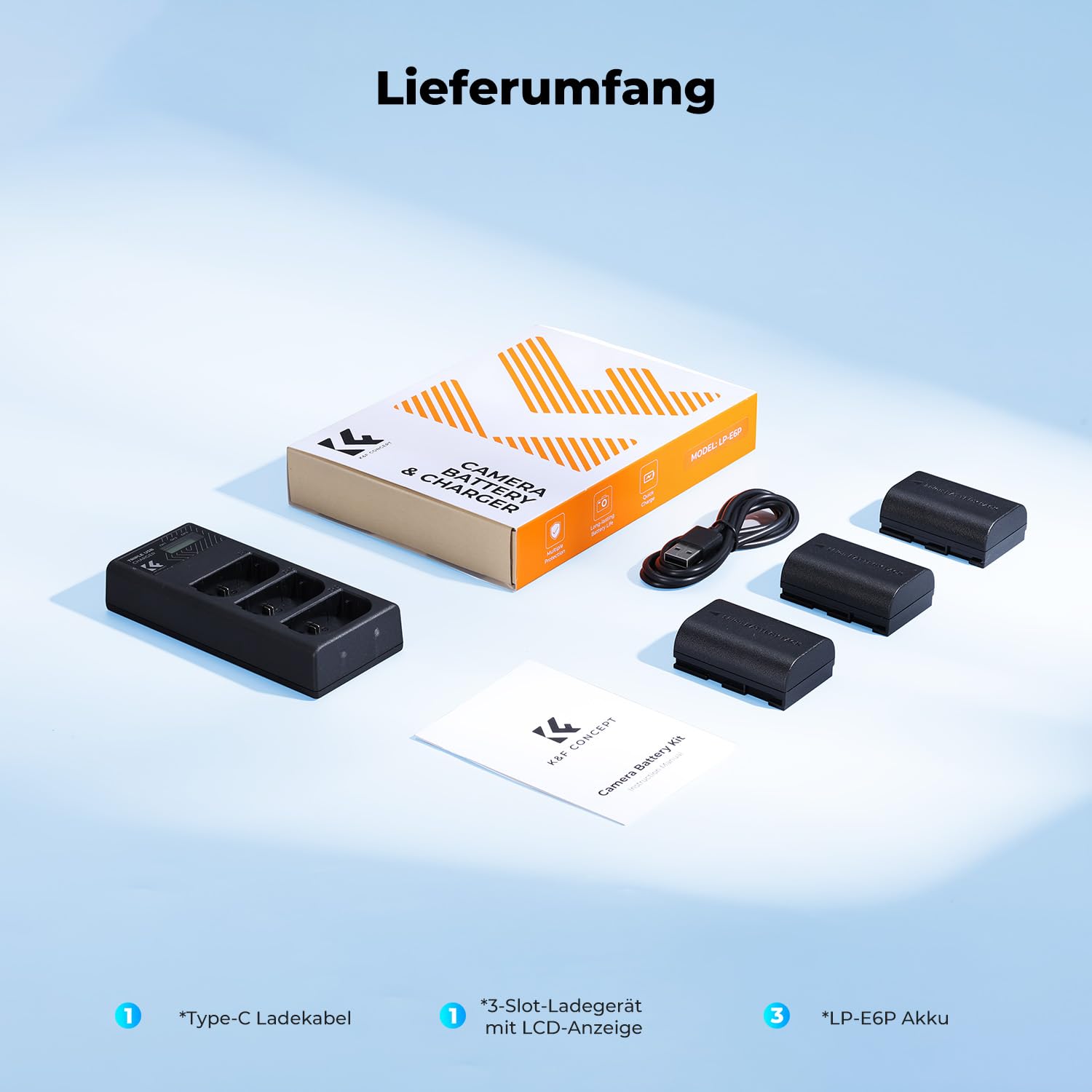 K&F CONCEPT LP-E6P Akku (3er Pack) mit 3-Slot Ladegerät, LP-E6NH Ersatzakku, 2400mAh Battery für Canon EOS R5 Mark II, R5, R6 Mark III, R6 Mark II, R6, R6V,R7, R5C, 5D Mark IV, 6D Mark II, 90D, 80D