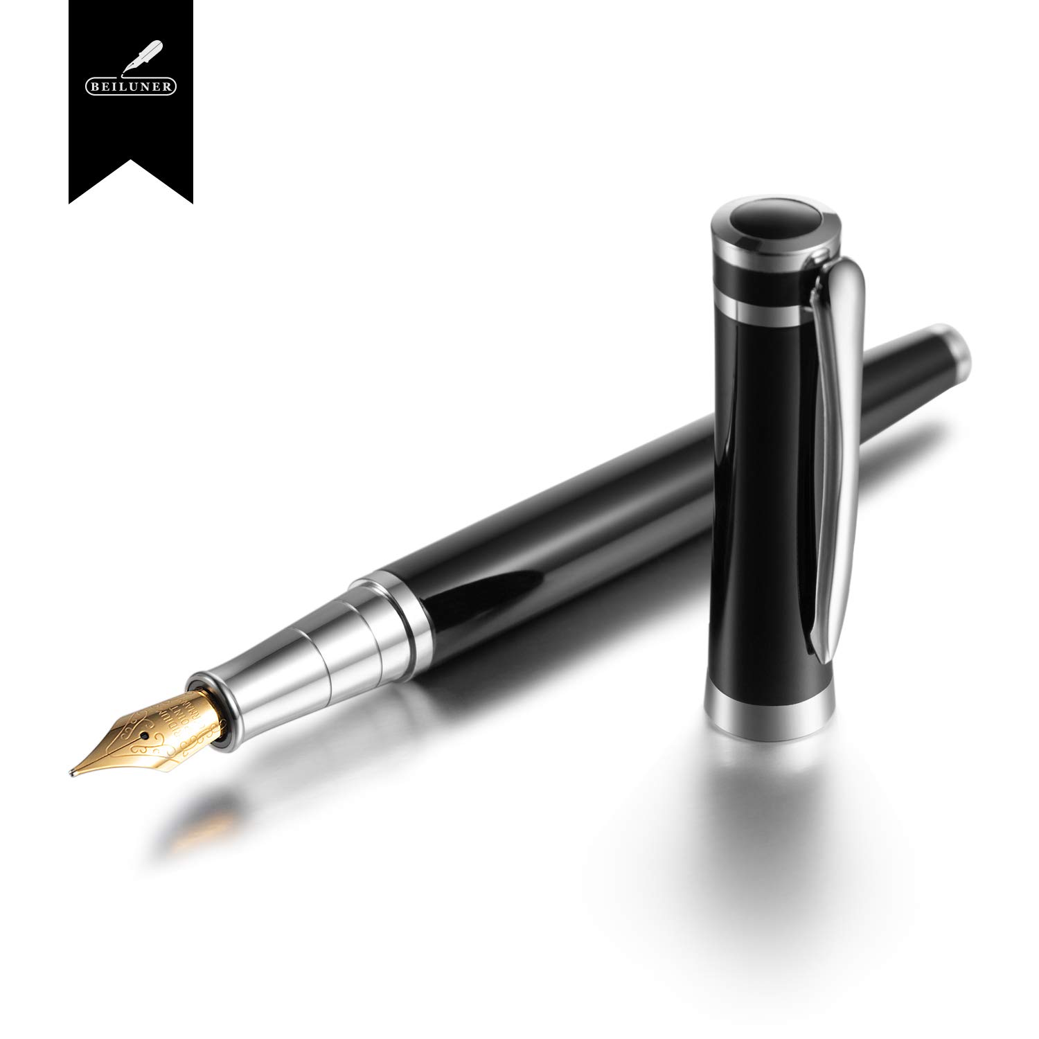 BEILUNER Ensemble de stylo-plume de luxe – Corps en acier inoxydable – Pointe moyenne en iridium Allemagne – Comprend 6 cartouches d'encre et convertisseur de recharge d'encre – Étui cadeau – Parfait
