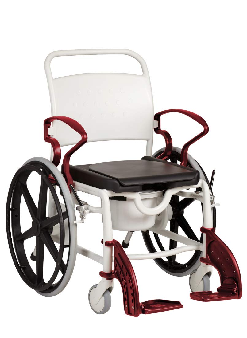 FabaCare Dusch- Toilettenrollstuhl Genf, 24 Zoll Räder, bis 130 kg, made in Germany, Premium Toilettenstuhl, Duschstuhl fahrbar, Rollstuhl mit WC Eimer, Grau-Rubinrot
