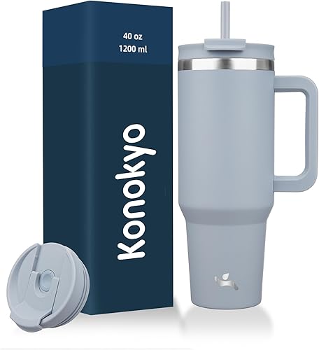 Miniatura 38 de Vaso de 40 onzas con asa y 2 pajillas, botella de agua aislada 2 en 1 con tapa. Taza de viaje de acero inoxidable para café, flores de cerezo Azul