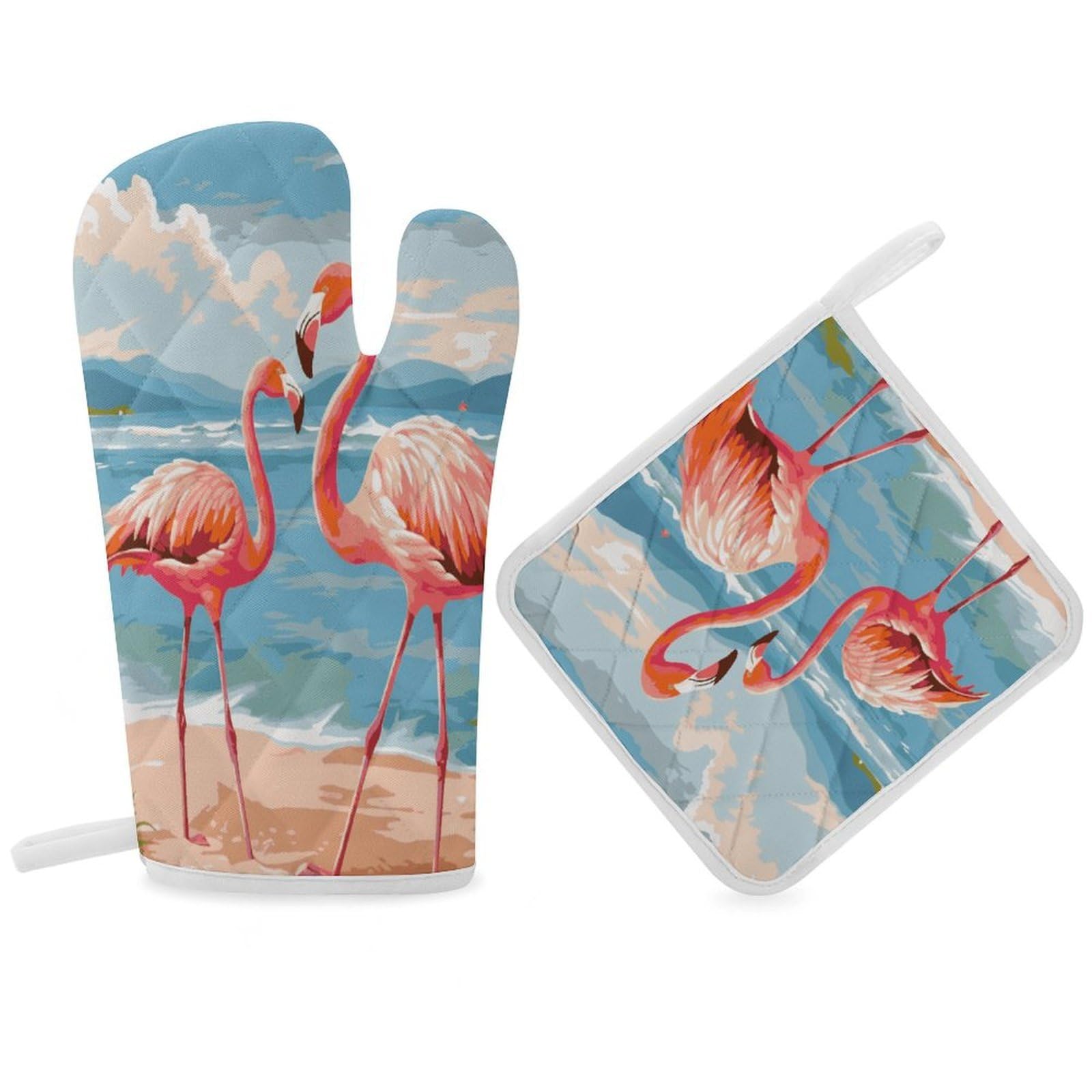 Fodpand Women's Style Flamingo Beach Oven Mitts And Pot Holders Sets,Oven Gloves For Kitchen Oven Mitts And Potholders For Baking Cooking Grilling Apartment Essentials