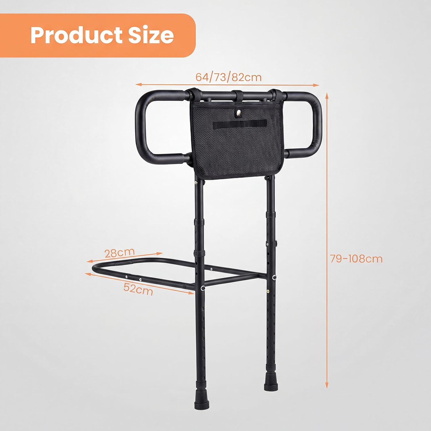 Folding Standing Aid Bed, Adjustable in Width & Height, Bed Rail with Bag, Safety Belt & 2 Handles, Safety Railing for Seniors up to 136 kg Load Capacity (Black)