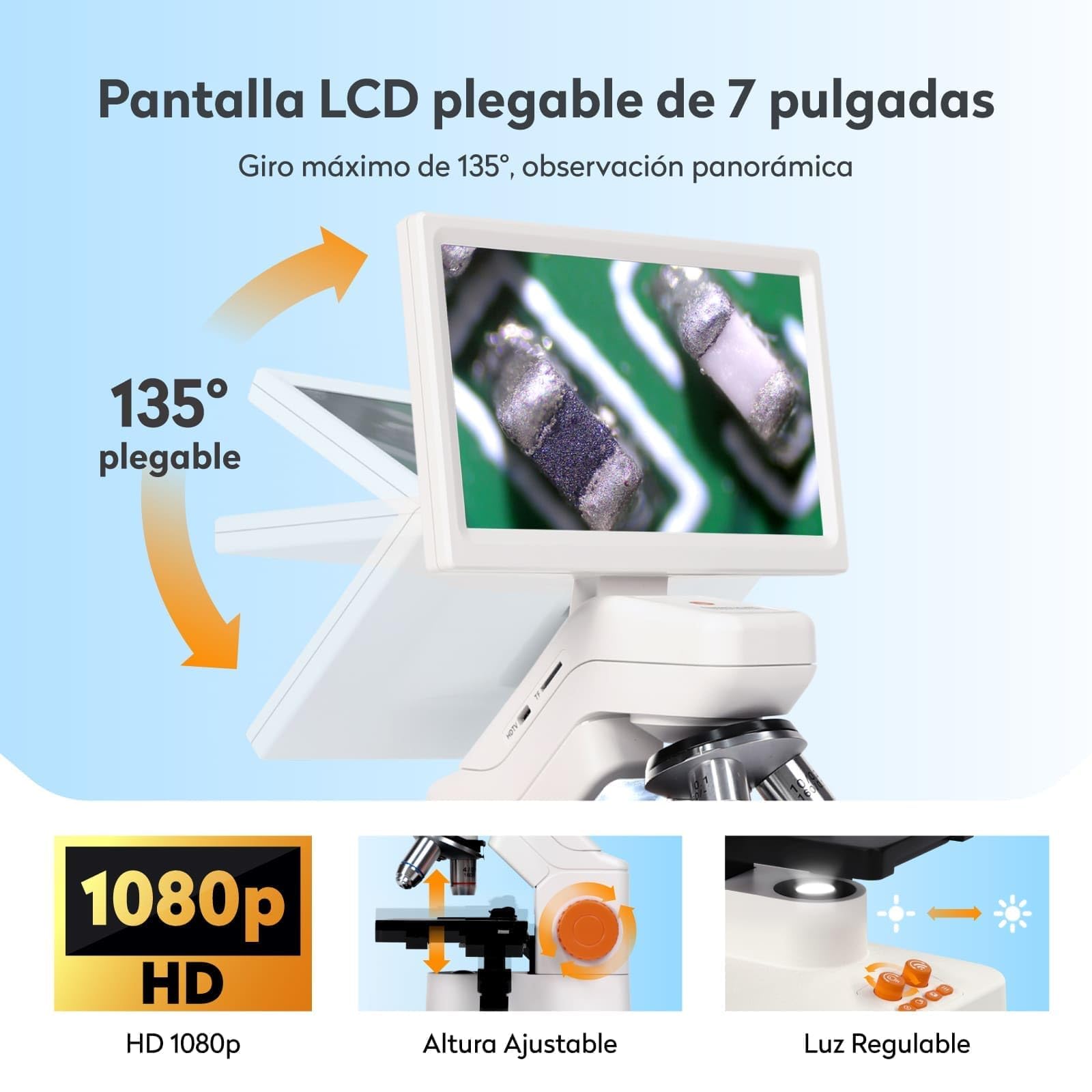 Microscopio Niños Adultos, MatataStudio MT3-4 1200x Microscopio Digital USB con Pantalla 1080P de 7" Calibrador Vernier Portaobjetos 5MP COMS Microscopios Biológico Profesional para Lab y Escolar
