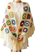 Handmade Crochet Granny Square Poncho Shawl Wrap - 70x34in Fringed Cape Sweater for Women, Soft Acrylic