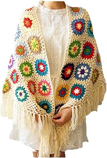 Handmade Crochet Granny Square Poncho Shawl Wrap - 70x34in Fringed Cape Sweater for Women, Soft Acrylic