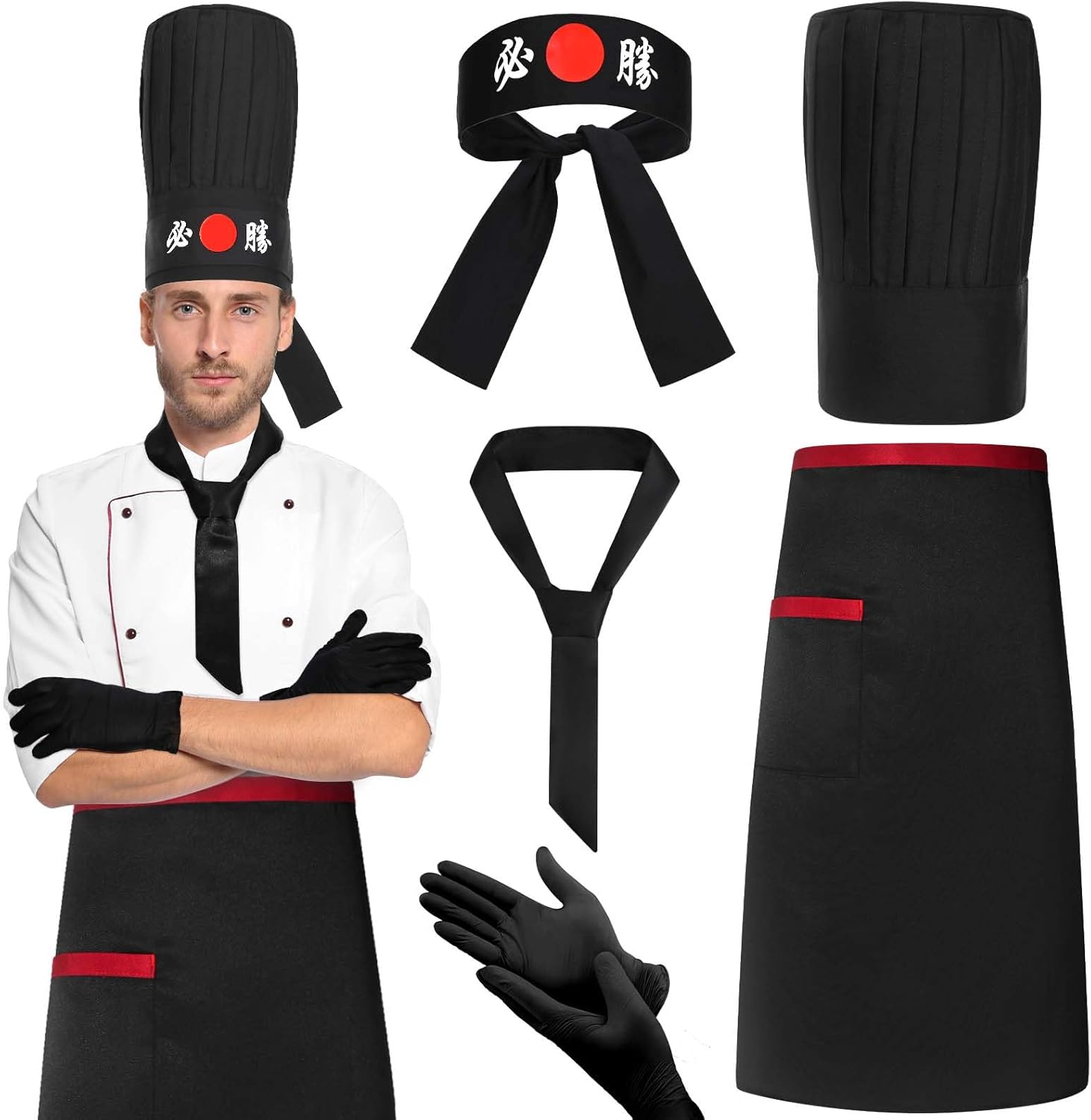 5 Pcs Hibachi Chef Costume Accessories Japanese Teppanyaki Tall Cap Hachimaki Headband Tie Apron Nitrile Gloves Black