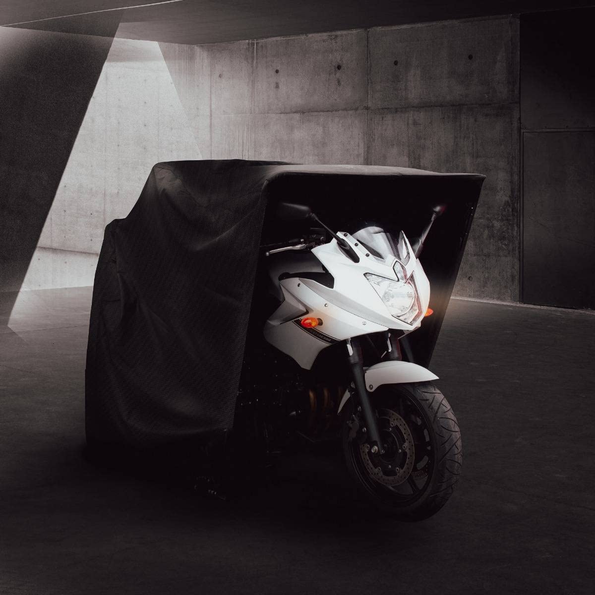 Tente à Moto XL Pliable Housse de Protection Tissu Imperméabkle & Anti-UV Noire Rangement Garage Extérieur Bécane Motoguard Imperméable [2 Cadenas + Fixations au Sol Inclus]