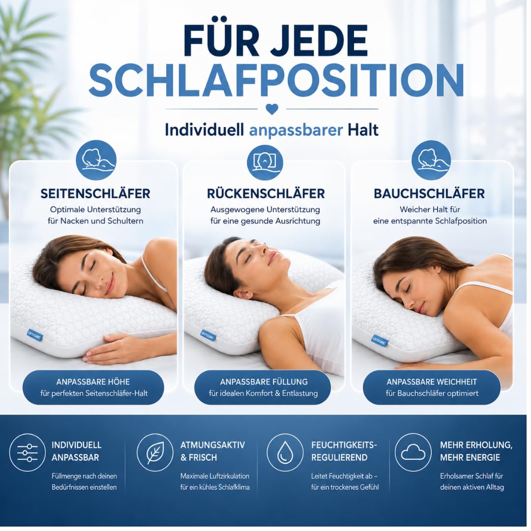 Airflow Kopfkissen 80x40 cm – Höhenverstellbares ergonomisches Memory Foam Kissen mit entnehmbaren Foam Cubes – Atmungsaktives & waschbares Schlafkissen für Seiten-, Rücken- & Bauchschläfer