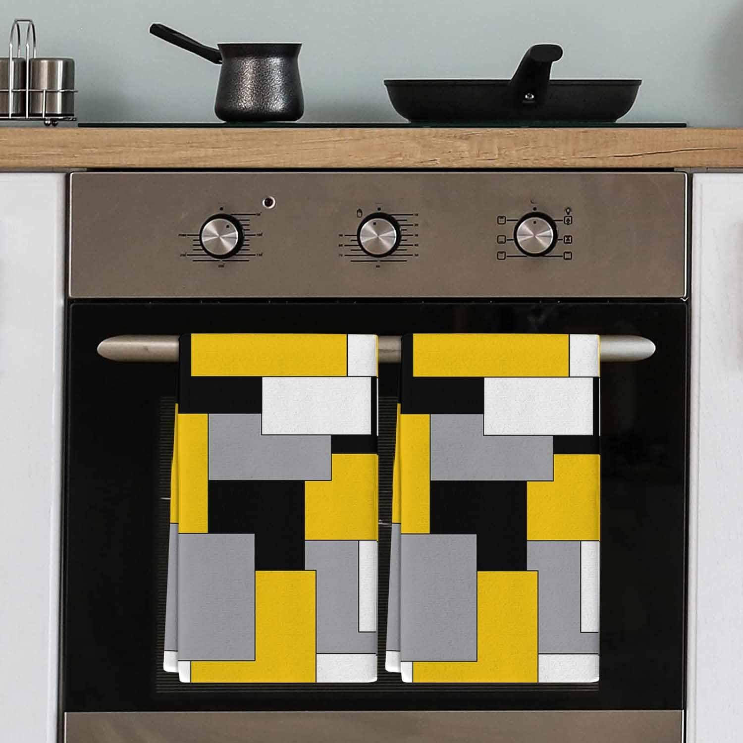 Kitchen Towels Set of 4 Abstract Geometric Dish Towels and Dishcloths Sets Decorative Tea Towel Mid Century Yellow Nordic Absorbent Hand Towels for Kitchen Bathroom Cleaning Drying Baking Home Decor
