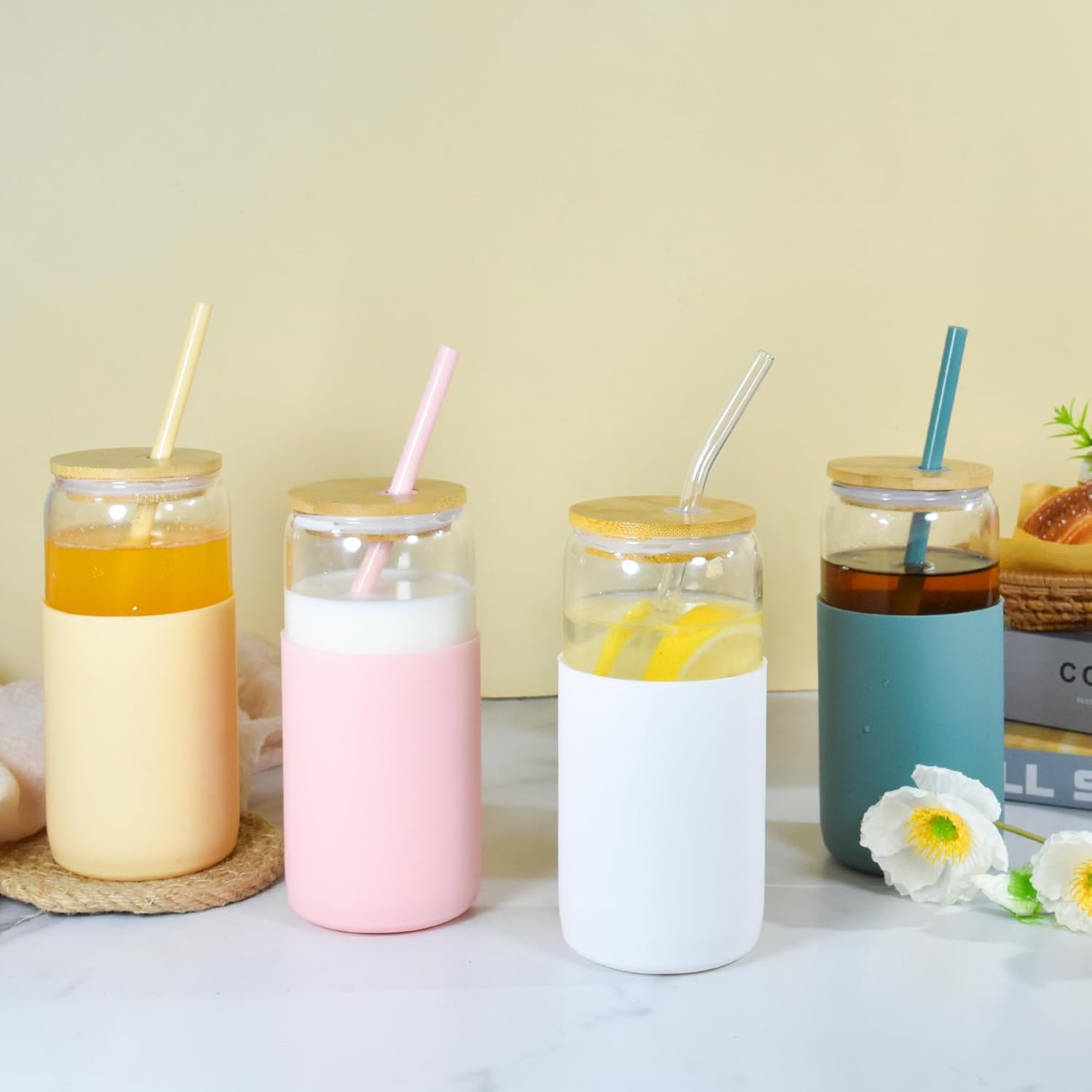 20 oz Glass Cups with Lids and Straws Iced Coffee Glasses with Silicone Protective Sleeve Drinking Glasses Set of 4 for Juice Beer Soda(Green*4) - Image 6