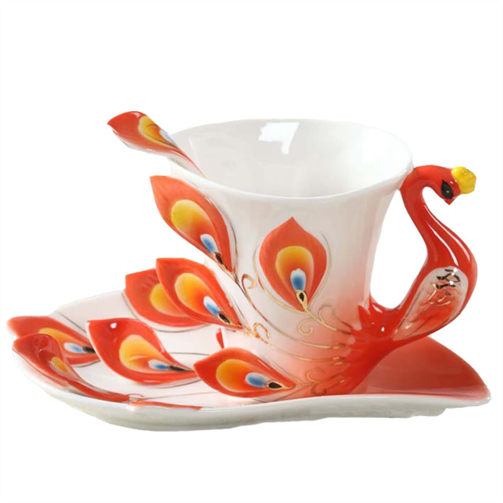 Persönliche Kaffeebecher, 1 Stück Pfauen-Kaffeetasse, Keramik, kreative Tassen, Bone China, 3D-Farbe, Emaille-Porzellan, Tasse, Tasse und Untertasse, Set (Kapazität: 180 ml, Farbe: A) ( Color : E )