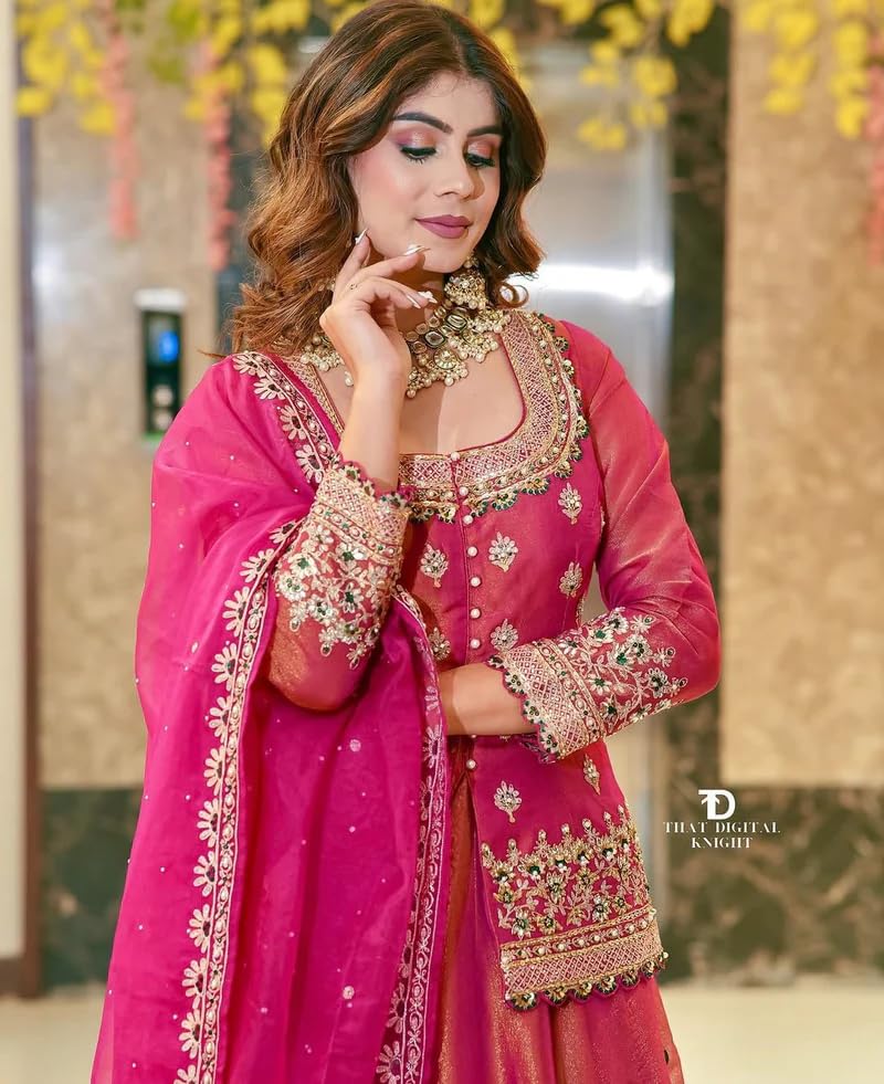 Image of Suppar Sleave Women's Chanderi Silk Embroidered Kurta Set with Lehenga Style Bottom & Dupatta | Bollywood Style Embroidery lehenga Choli Set For Woman