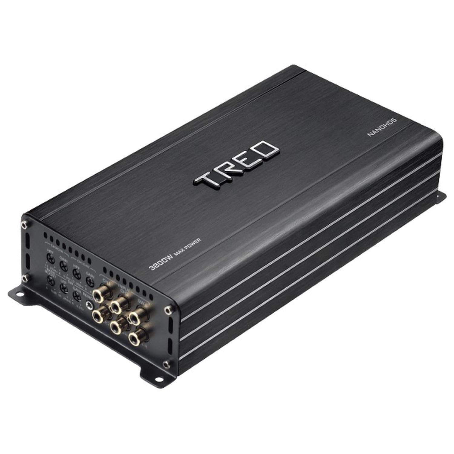 Genérico TREO NANOHD5 5-Channel Mini Class D Amplifier showing top, power input, and signal input sides.