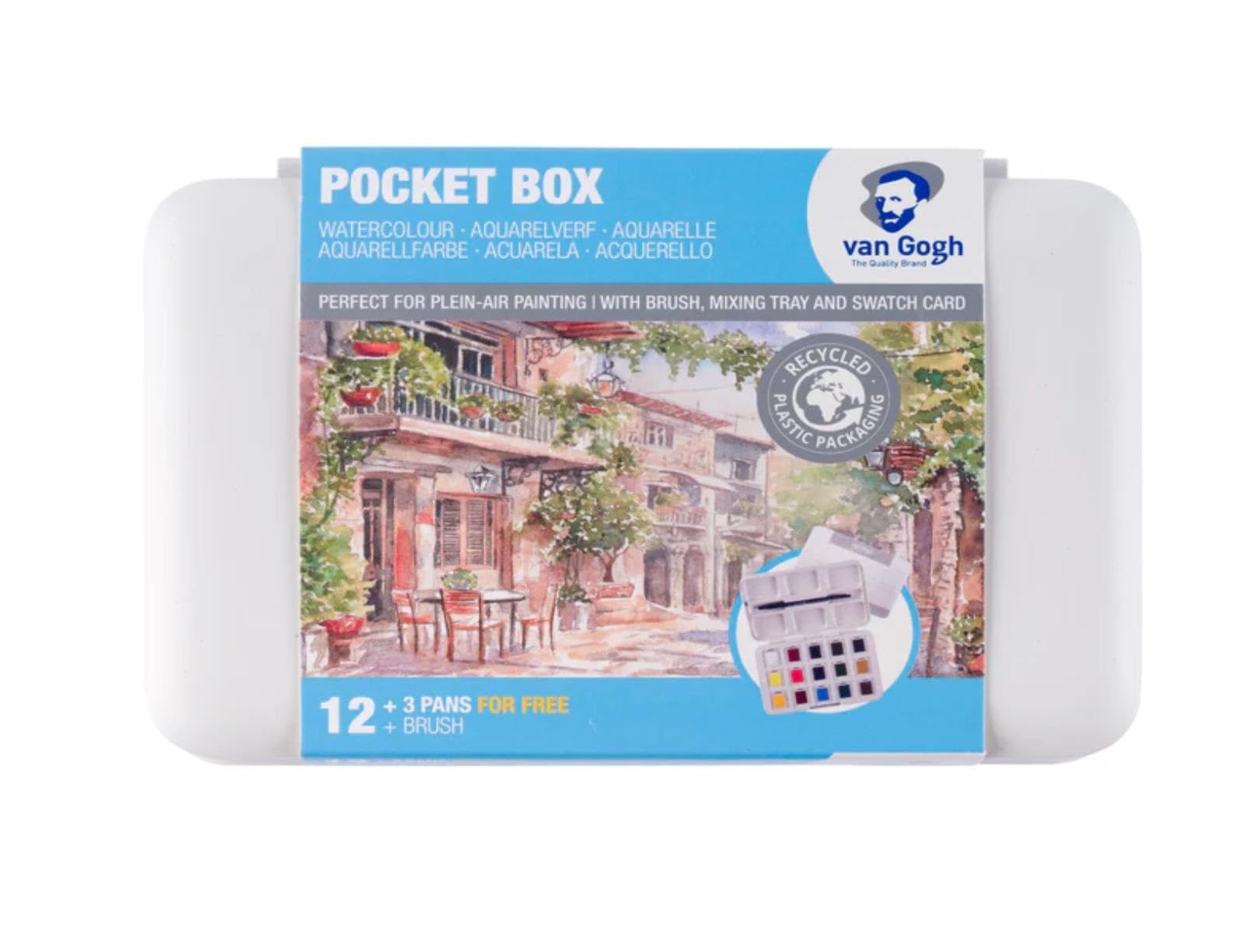 Van Gogh - Acuarela Van Gogh Pocket Box 15 medios cubos + Pincel sintético + Bloque de acuarela Hahnemühle Bloque de postkartenbloque 10,5x14,8cm