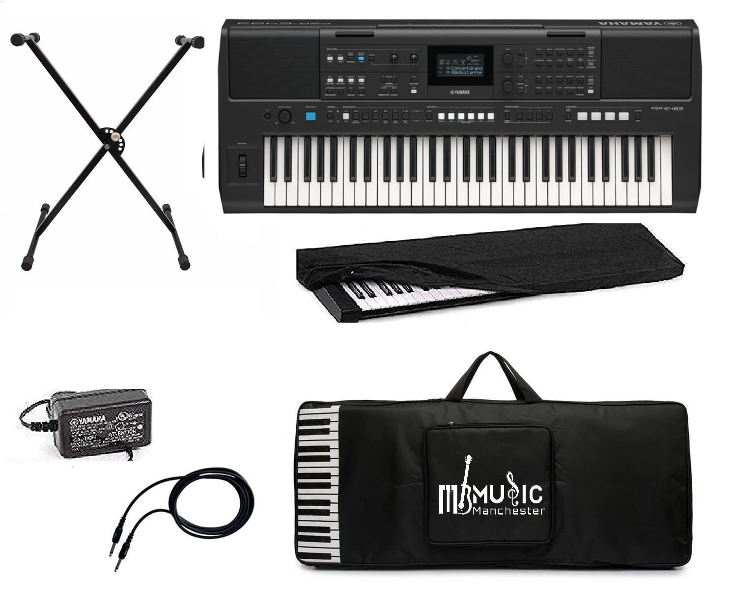 YamahaKeyboard PSR-E483, 61 Keys Portable Keyboard With Power Adaptor, Standzo Stand, Padded Bag Dust Cover and Jack Cable