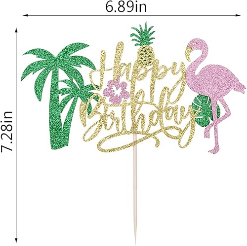 Miniatura 2 de PALASASA Decoración para tartas de cumpleaños con diseño de flamenco con purpurina, temática hawaiana de piña tropical, para niños y niñas,