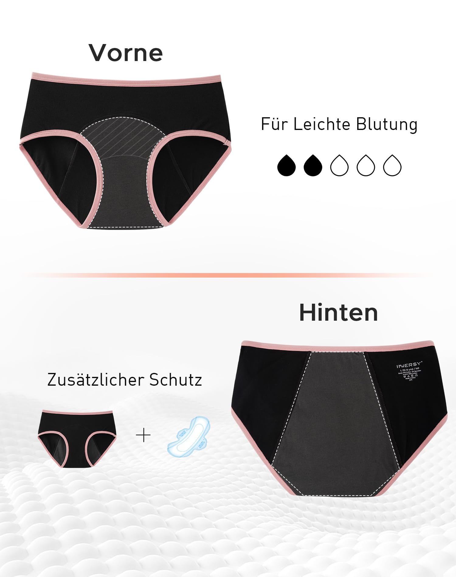 INNERSY Bielizna dla dziewcząt, bawełna, majtki zapobiegające wyciekaniu, majtki menstruacyjne, 3 sztuki w opakowaniu, Kolorowy czarny, 10-12 lat