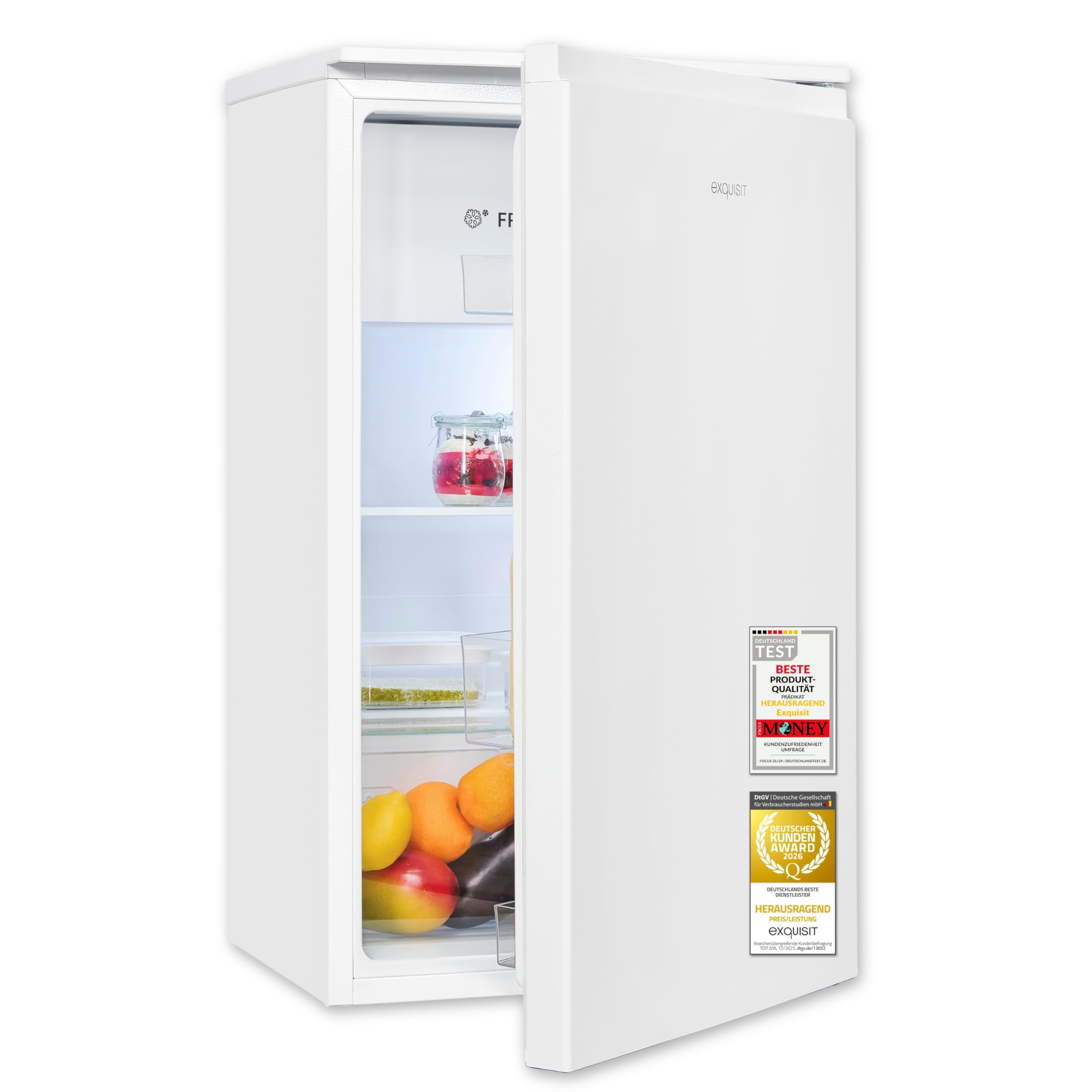Exquisit Kühlschrank mit 3-Sterne-Gefrierfach | 82 l Nutzinhalt, Energieeffizienzklasse E, 38 dB | LED-Beleuchtung, manuelle Temperaturregelung, wechselbarer Türanschlag | KS5117-3-010E weiss