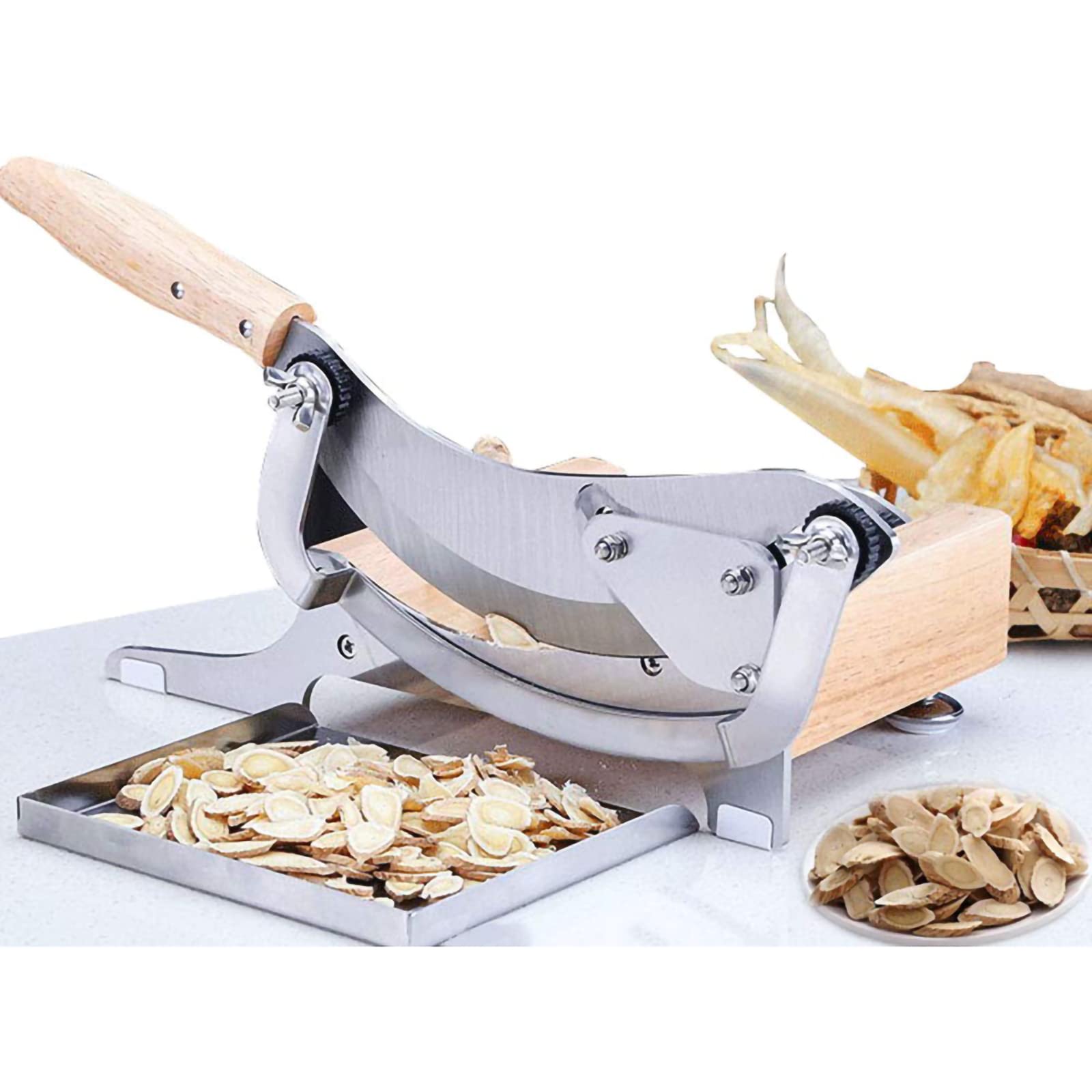 Piccola affettatrice domestica con vassoio in acciaio inox, coltello a ghigliottina tradizionale cinese per Astragalo e Ganoderma Lucidum, Affettatrice Biltong manuale radiata - Efficiente e preciso