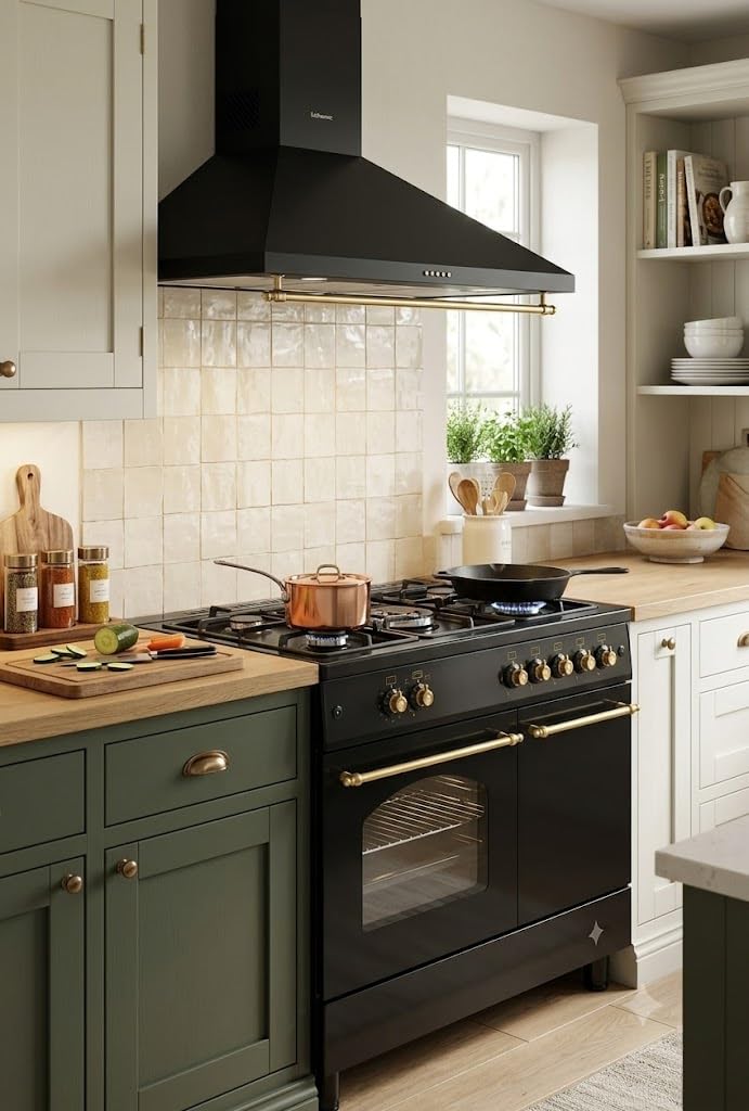 PACK COCINA A GAS F9LT50G2 PORTABOMBONA NEGRA RÚSTICA + CAMPANA DECORATIVA NEGRA RÚSTICA/ANCHO 90 CM/FUEGOS CON ENCENDIDO AUTOMATICO/HORNO 64 L.