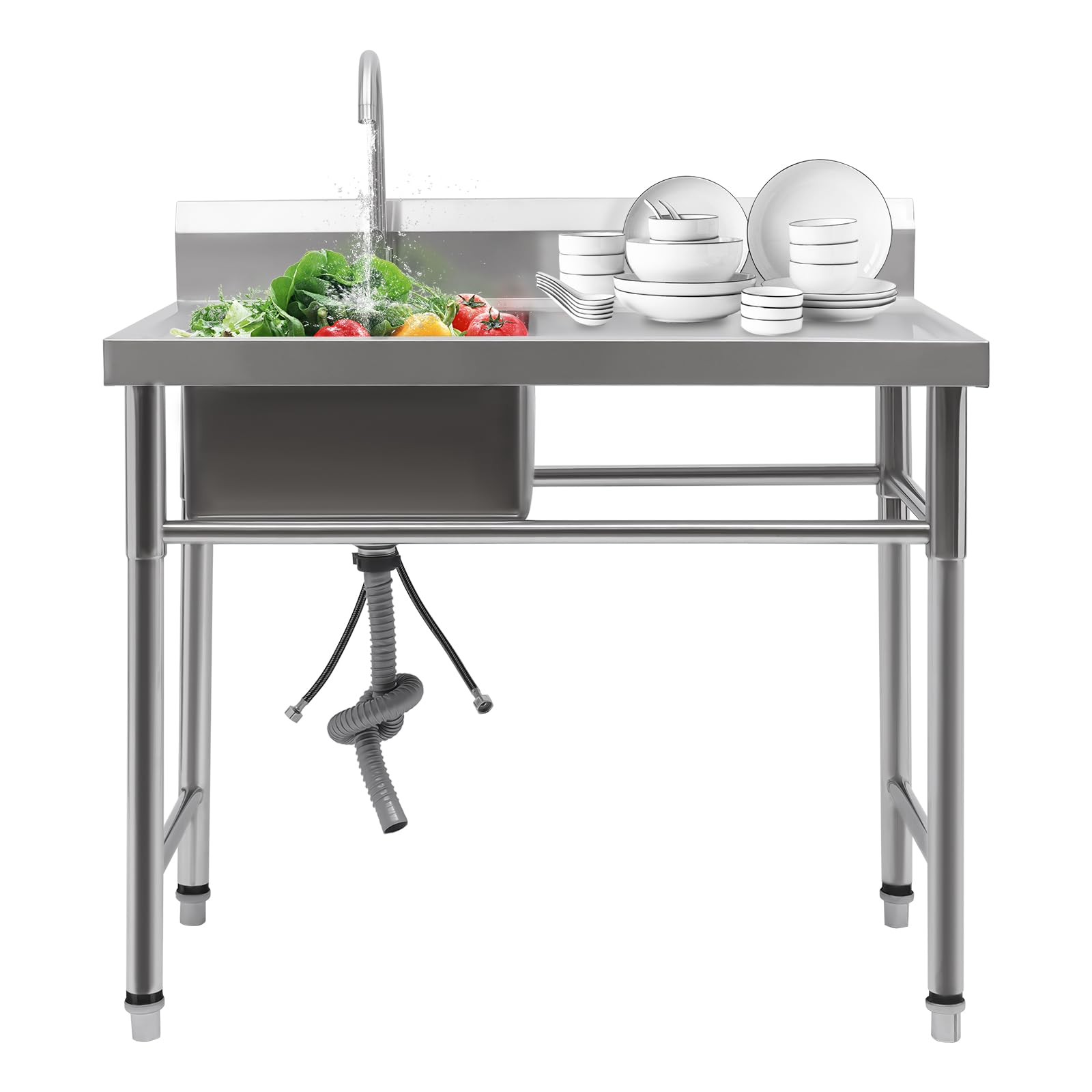 Spülbecken Mobile, Küche Spülbecken Organizer Edelstahl Arbeitstisch Küche mit Spüle und Armatur, Spülbecken Mobile für Außen Innen Garten Freistehend, Multifunktionswaschtisch, 100x60x93cm