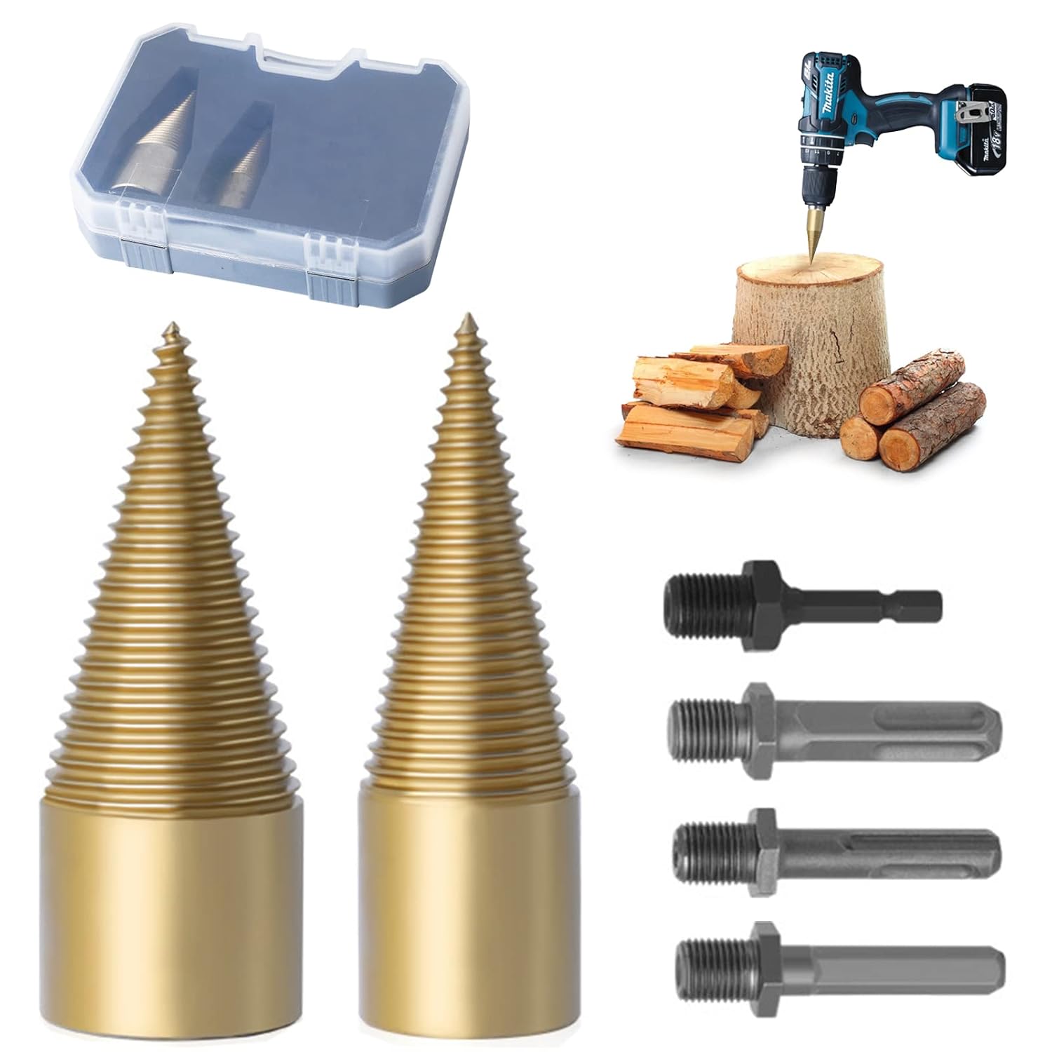 Afenau Bohrkegel Holzspalter Set - 42mm + 32mm Brennholzspalter Mit 5 Adaptern