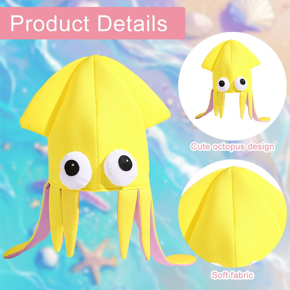 Copbopwn Playful Squid Hat Soft Breathable Fabric Funny Party Hats Octopus Hat for Costume Party Yellow Fish HatCute Sea Creature Headwear Themed Event Dressing Silly Hats for Adults (Yellow) - Image 3