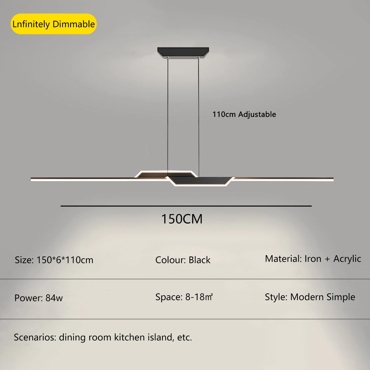 Lampada a sospensione moderna da 150 cm con telecomando, lampadario a LED per isola cucina, dimmerabile 3000-6000k, lampada moderna nera per cucina, tavolo da pranzo, studio (Nero, 150cm)