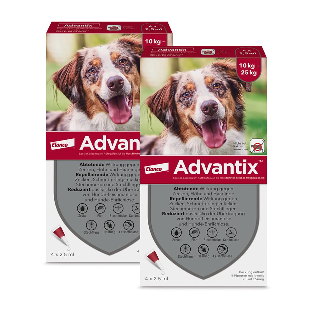 Advantix Spot-on für Hunde 10-25 kg gegen Zecken, Flöhe, Mücken, 8 Pipetten | Wehrt Zecken, Mücken & Stechfliegen ab, bevor sie stechen. Tötet Flöhe schnell ab. Idealer Reiseschutz für deinen Hund.