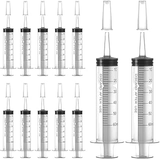 12 Pack 20ml 60ml Plastic Syringes, Individually Sealed with Measurement & Cap for Feeding Pets, Liquid, Jello Shots, Lip Gloss, Paint, Epoxy Resin, Oil, Watering Plants, Refilling (60ml, Plastic)
