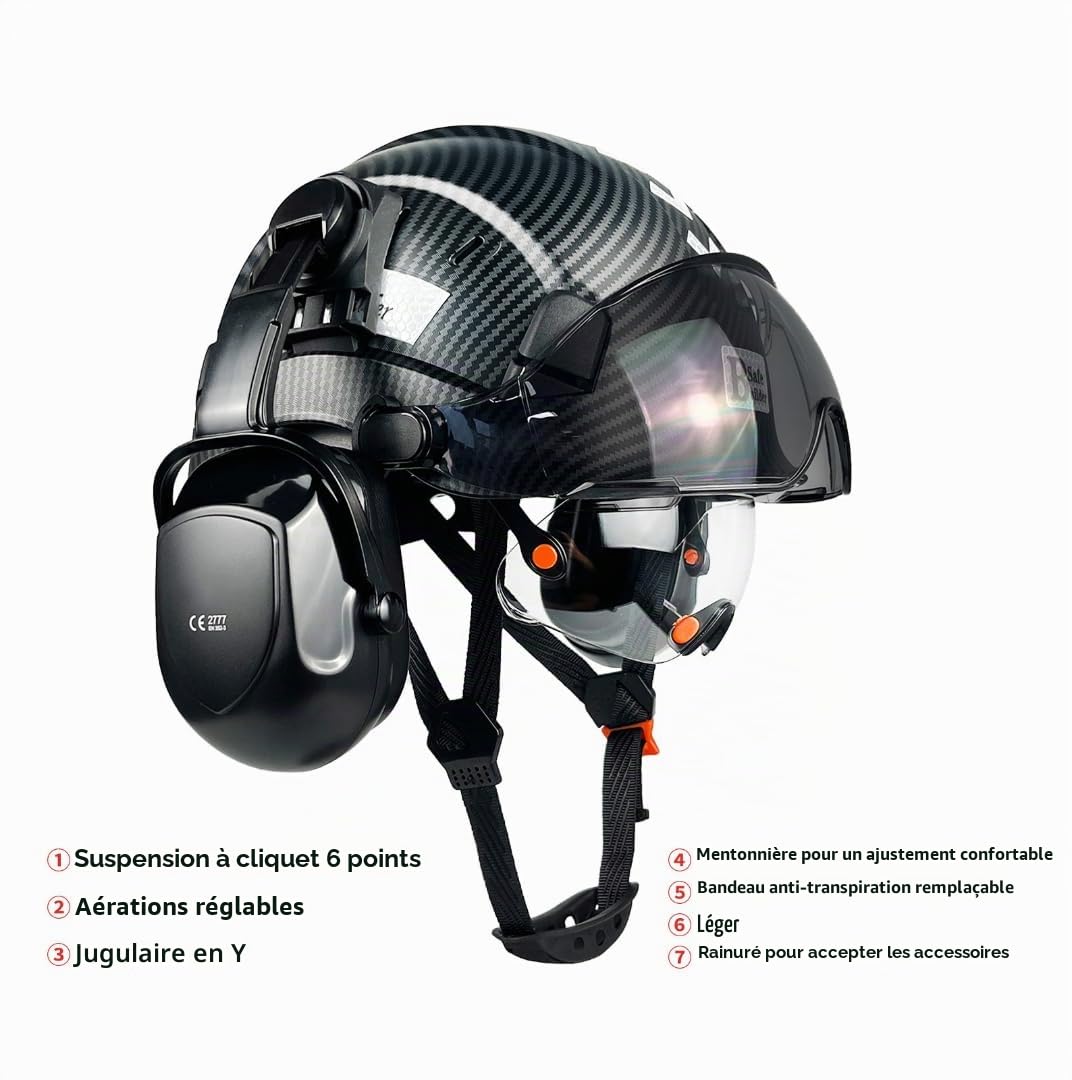 Casque de sécurité industriel en fibre de carbone avec double visière de protection pour les yeux, protège-oreilles, protection auditive, haute sécurité en ABS, casque de chantier ventilé