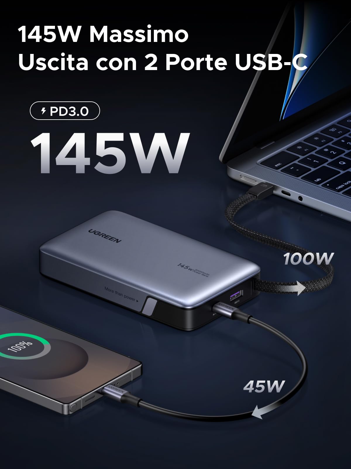 UGREEN Nexode Power Bank 20000mAh da 145W con Cavo USB C Integrato Ricarica Rapida Portatile con Schermo LED Compatibile con iPhone 17 16 15 14 Air Plus Pro Max Galaxy S25 S24 MacBook