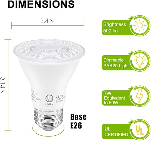 Miniatura 2 de Bombilla LED Par20 de 7 W (equivalente a 50 W), con certificación UL, 2700 K, luz blanca ultra cálida regulable, 500 lúmenes, base E26, iluminación