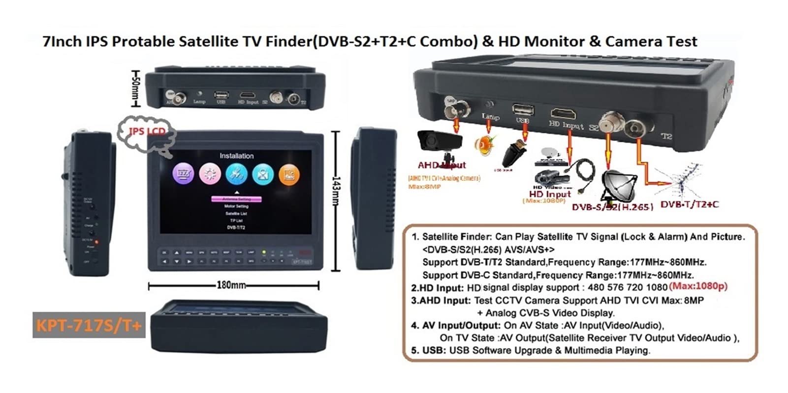 Buscador de satélite, KPT-717ST + AHD DVB-S2 DVB-T / T2 DVB-C Cámara CCTV de prueba combinada DVB-T / T2 DVB-C Metro Combo Satellite Finder Mejor ST-5150