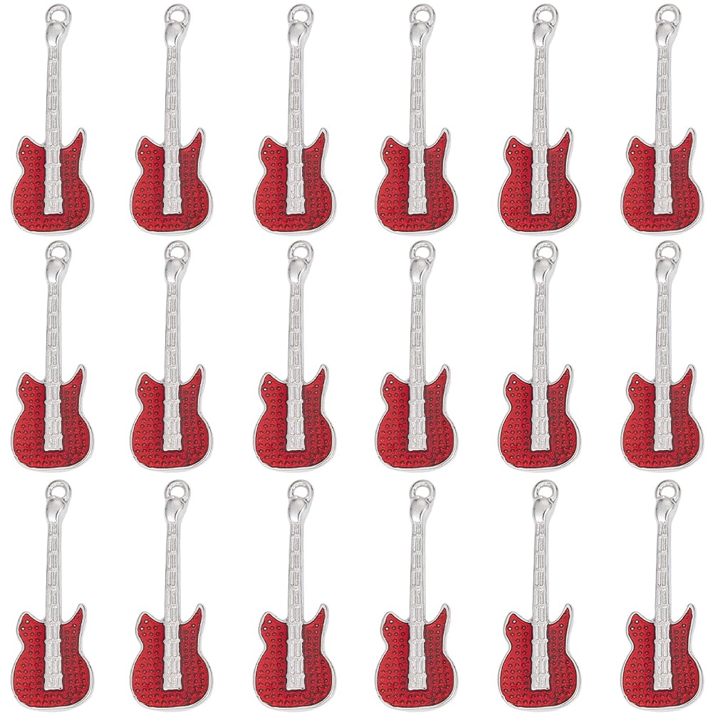 SUNNYCLUE1 BOX 20PCS Guitar Charms Bulk Music Instruments Charms Alloy Silver Red Enamel Metal Mini Cute Musical Elements Charm for Jewellery Making Charms Earrings Necklace Bracelets Diy Crafts