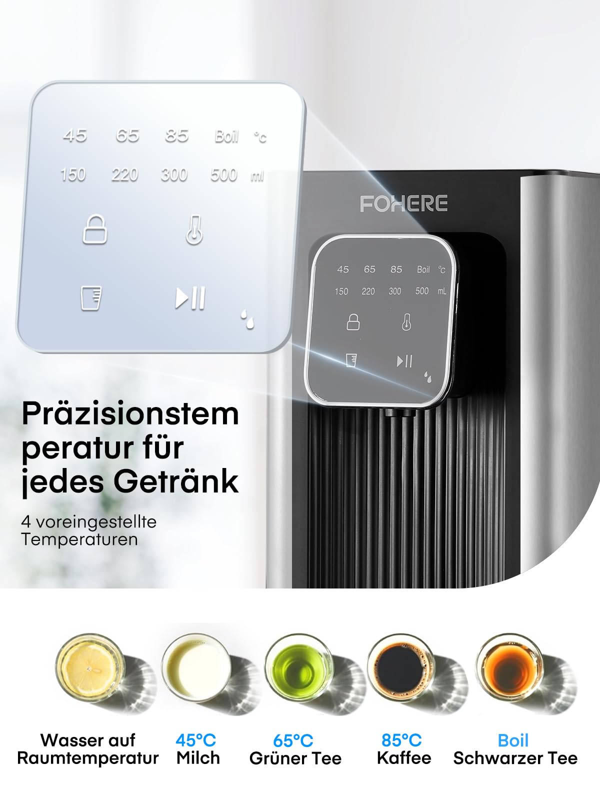 Heißwasserspender, 2600W Heißes Wasser in Sekunden, 4 Temperaturstufen, 4 Wassermengen, 2.5L Tank, Kompakt & Energieeffizient, Digitaler Touchscreen, Hitzeschutz-Kindersicherung, für Küche, Büro