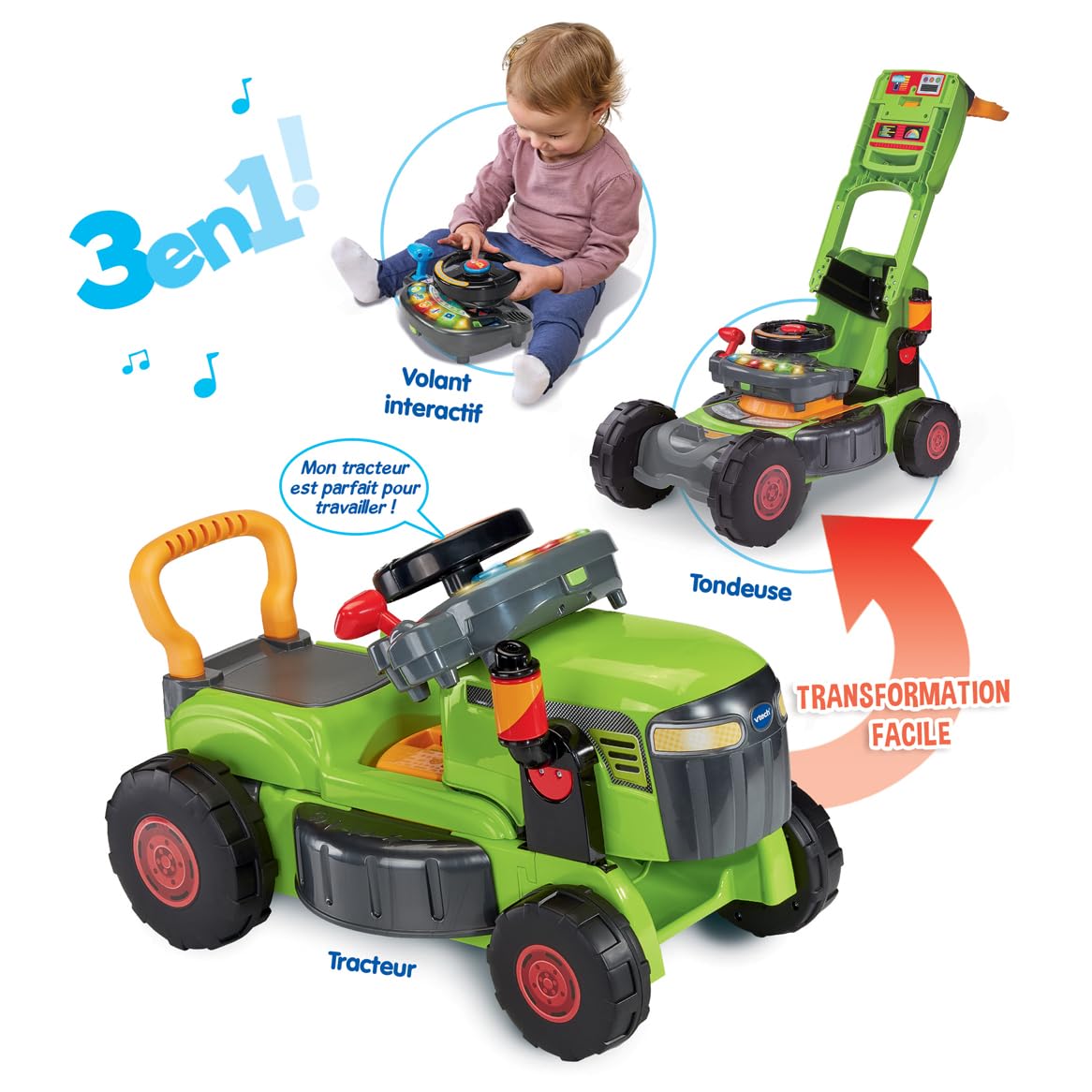 VTech - Super Traktor Magi Rasenmäher grün – Rutschauto Baby 3 in 1 – Traktor Rasenmäher Kinder – Skalierbares Spiel – Spielzeug zur Erziehung und Motorik für Kinder – Geschenk für Babys ab 1 Jahr