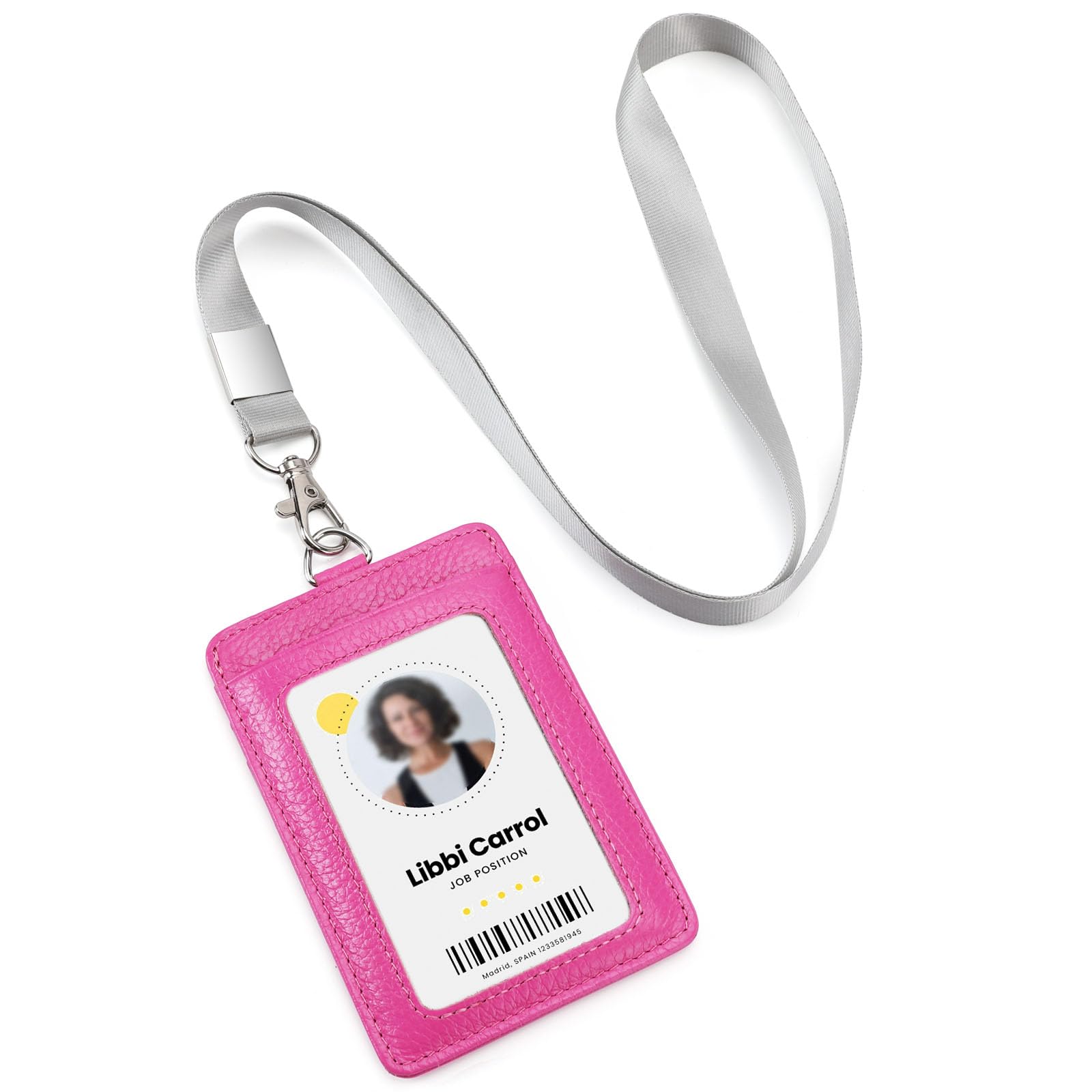 Cow Leather ID Badge Holder with Lanyard(Full Grain Leather,3"*4.5"),1 Clear ID Window and 3 Card Slots,Nylon Neck Lanyard with rotatable and Removable Metal Clasp,Vertical Name Badge Holders — image 1